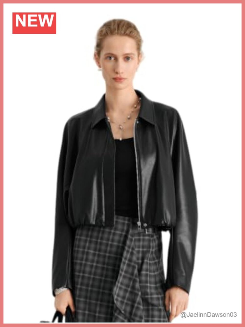 Faux Leather Cropped Jacket Elastic Hem Long Sleeve Coat